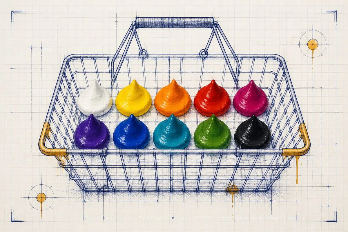 Ten glossy paint blobs rest inside a drawn shopping basket outline on graph paper.