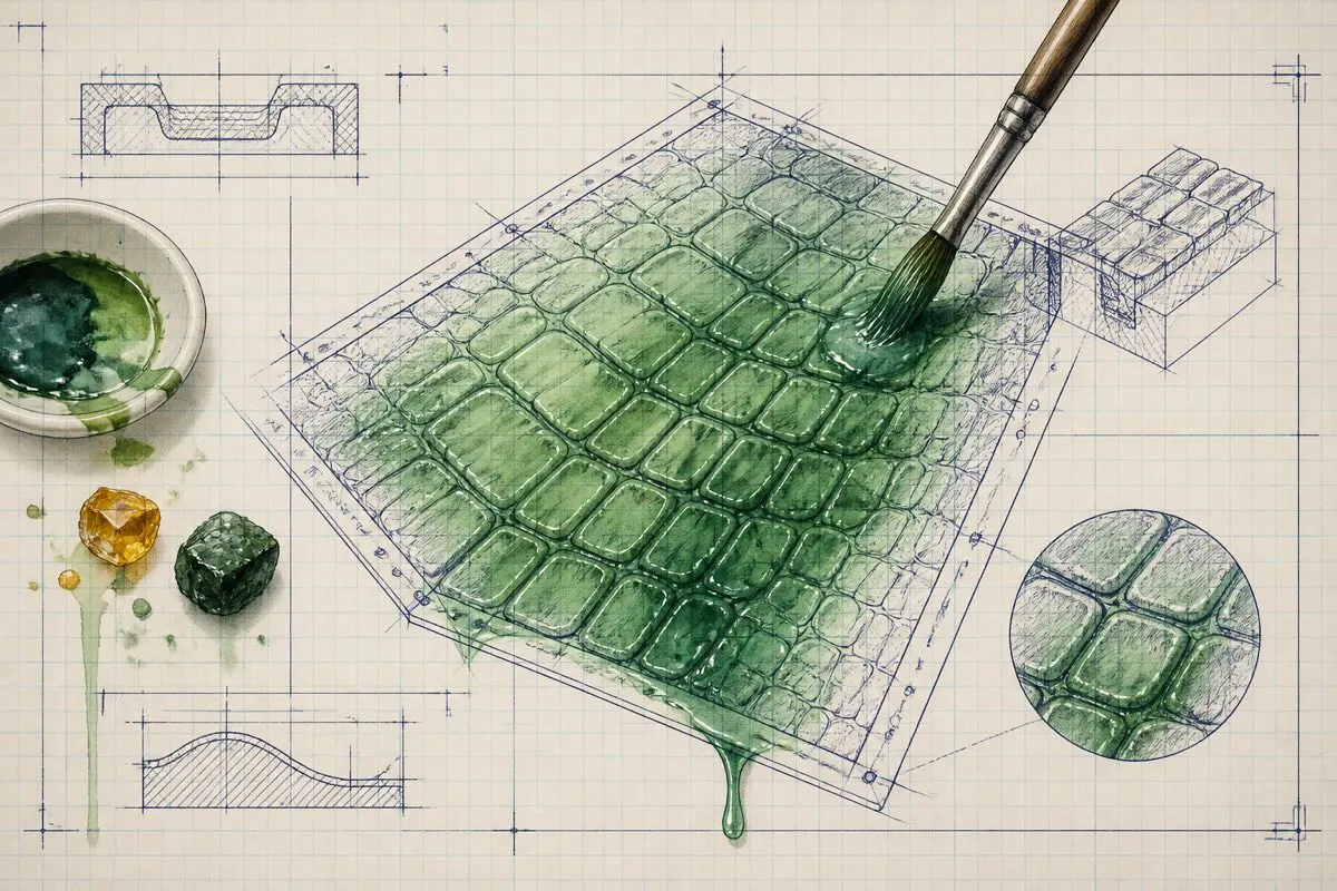 A green wash pools darker into the grooves of a drawn scaled panel.