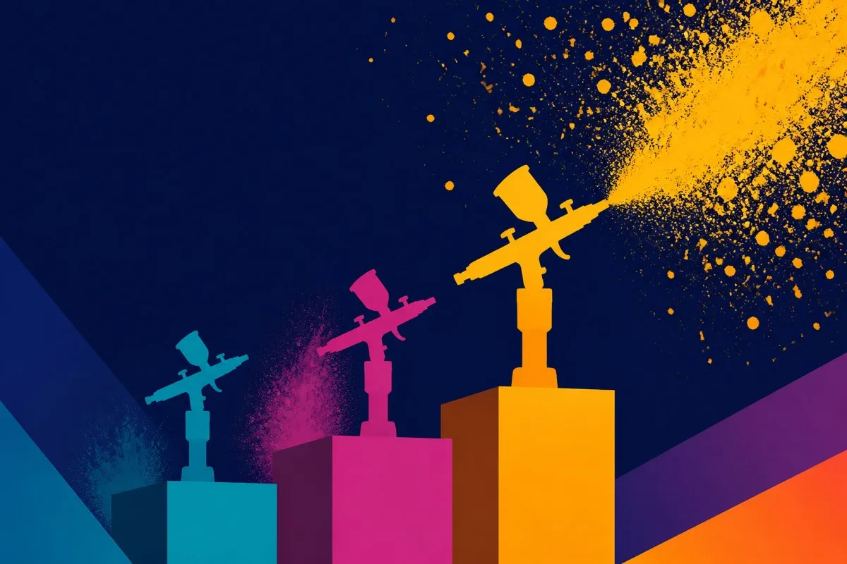 Three airbrush shapes stand on ascending podium blocks with a spray burst above the tallest.