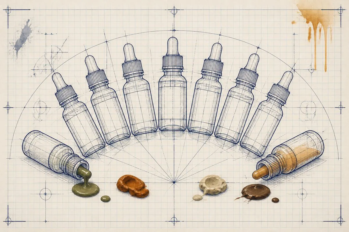 A drawn fan of dropper outlines spreads on graph paper with a few earthy paint dabs.