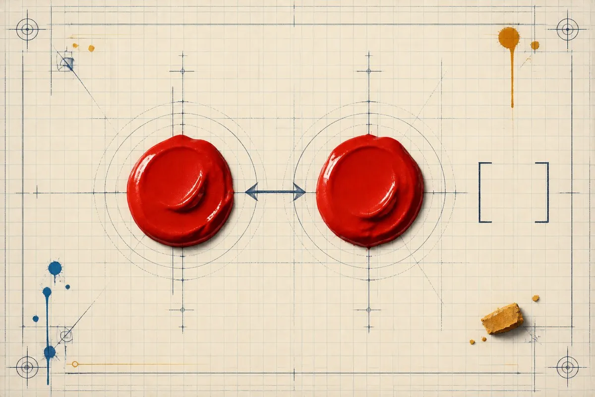 Two near-identical red paint blobs are linked by a drawn double arrow with a blank bracket.