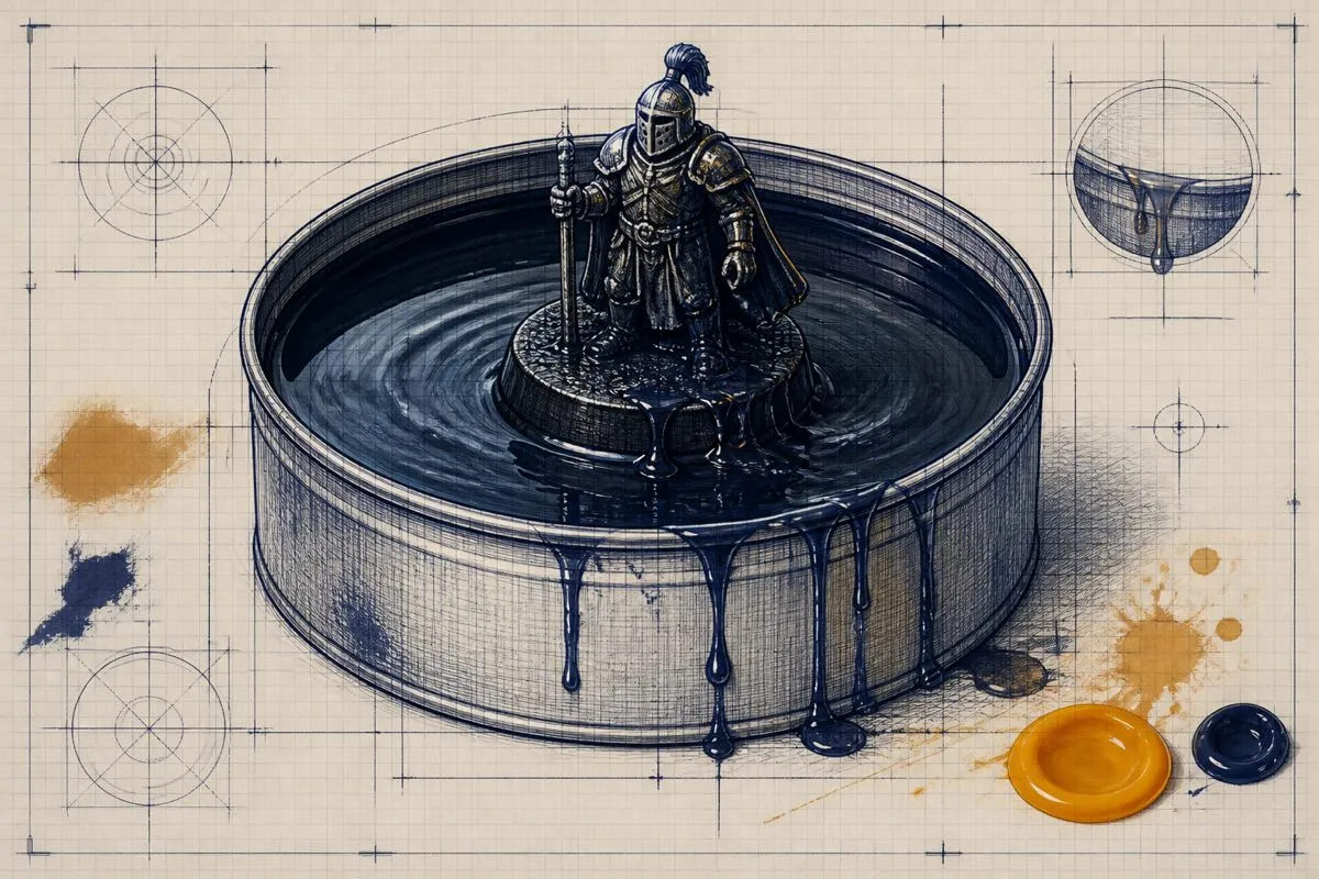 A drawn miniature dips into a deep tin of dark glossy liquid with drips running off.
