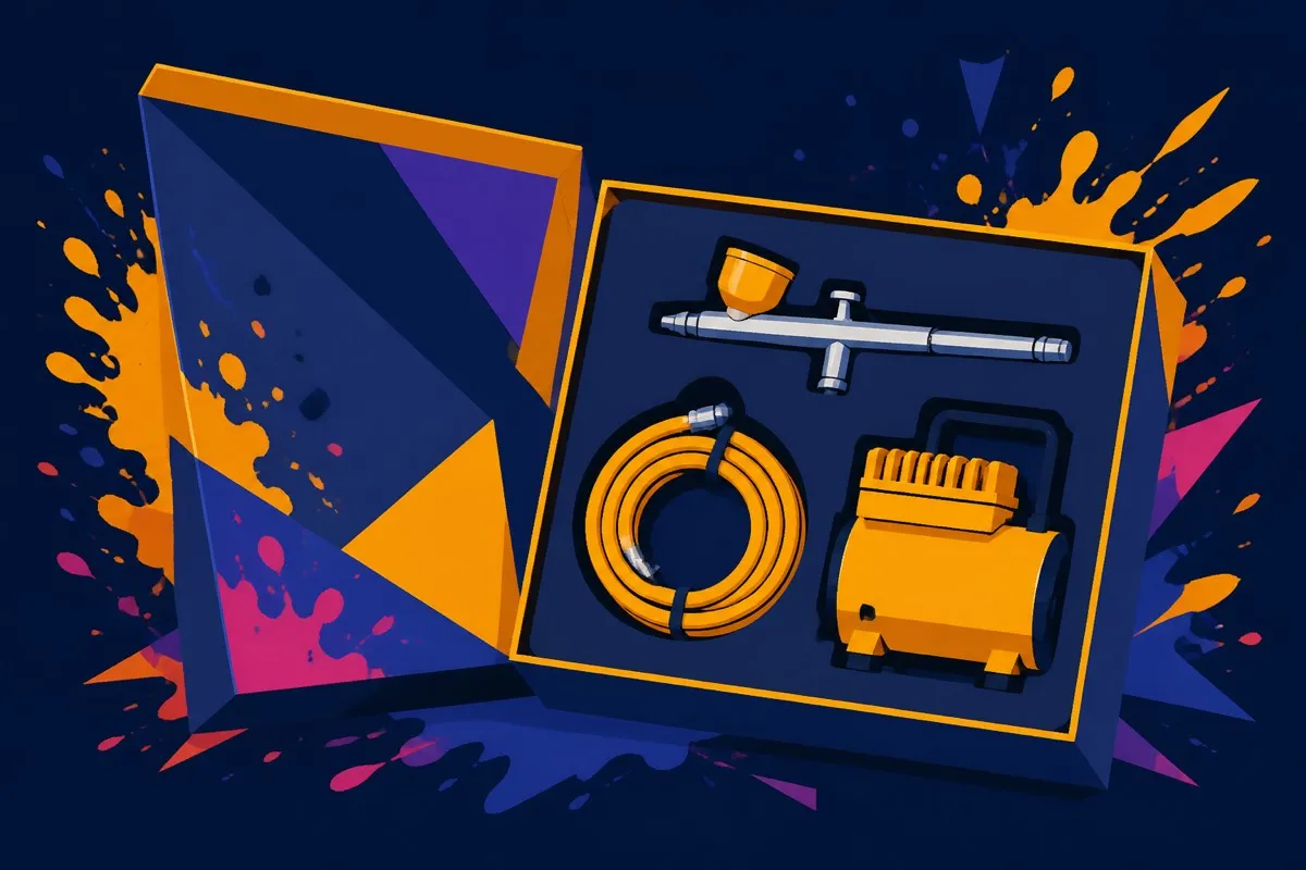A flat boxed set reveals an airbrush, hose and compressor as bold shapes.