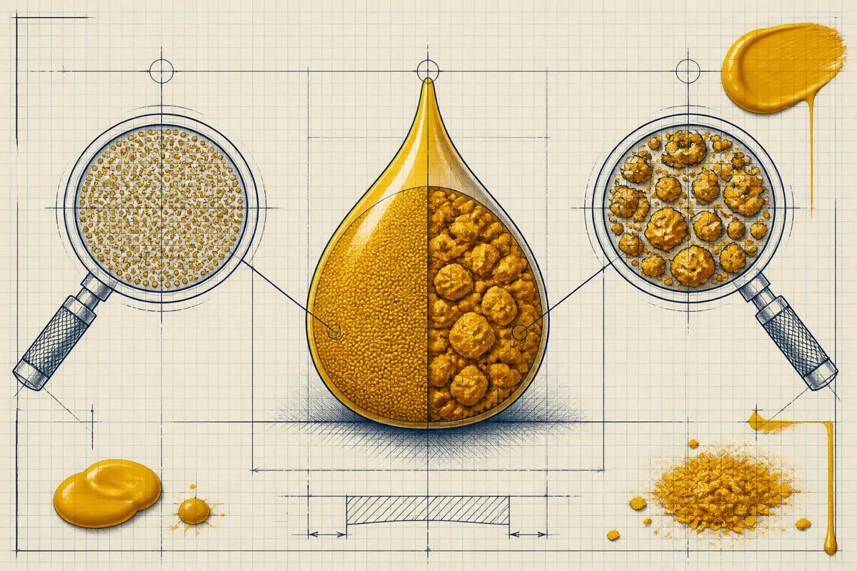 A split droplet cross-section compares fine even pigment against coarse clumps under drawn magnifiers.