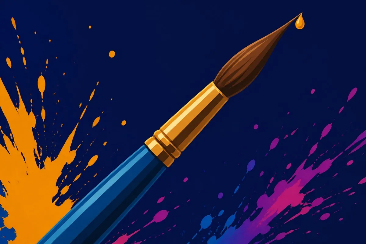 A single round brush tapers to a crisp point holding a bead of amber paint.