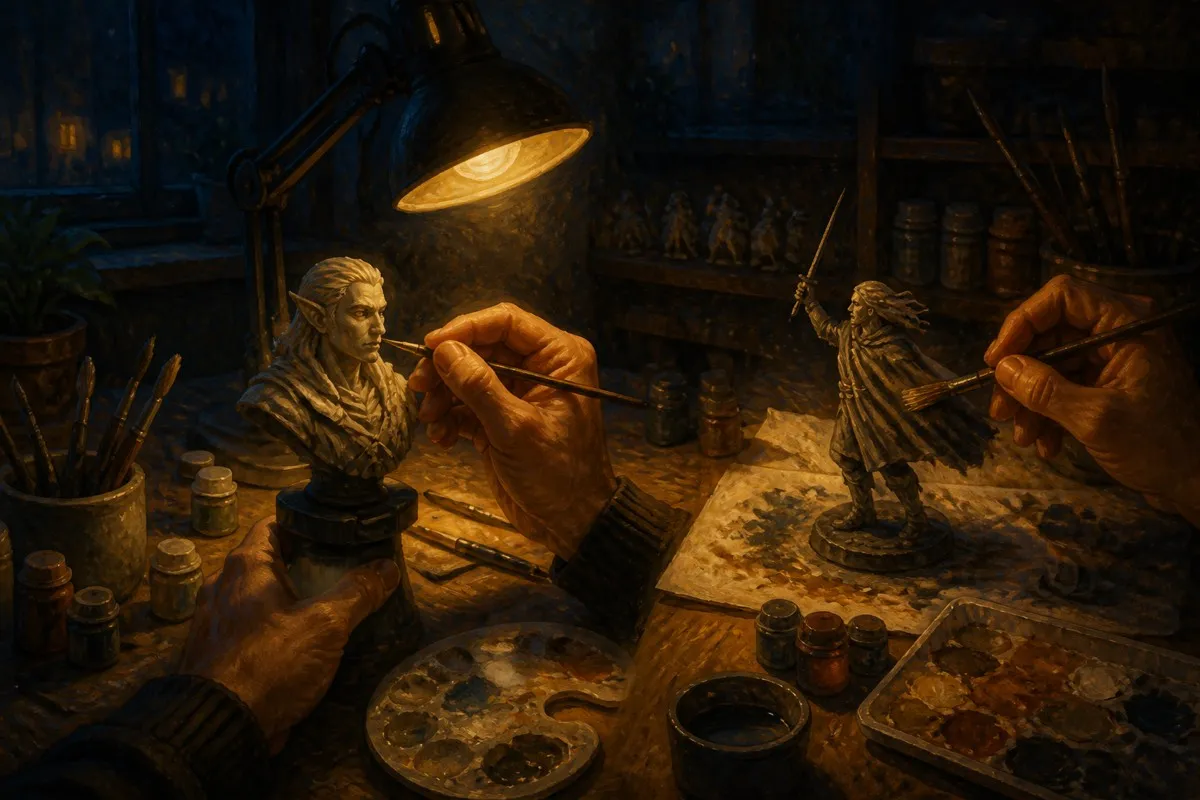 Lamplight splits a desk between a slow blended bust and a fast one-coat figure.