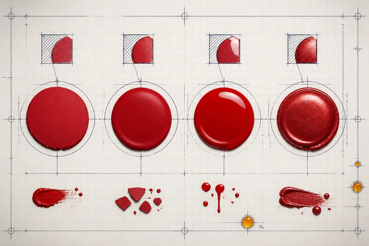Four red paint blobs show matte, satin, gloss and metallic finishes with callout arrows.
