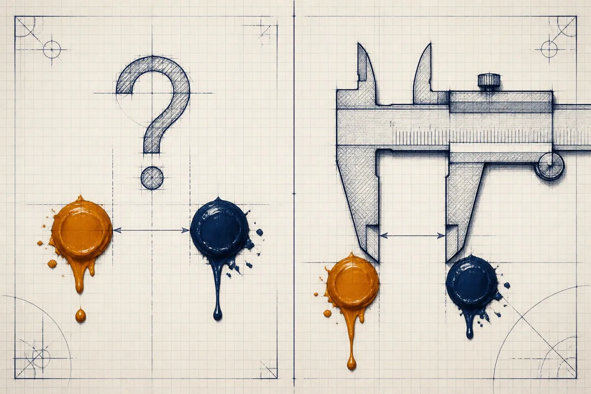 A question mark hovers between two paint blobs on one side while a caliper measures them on the other.