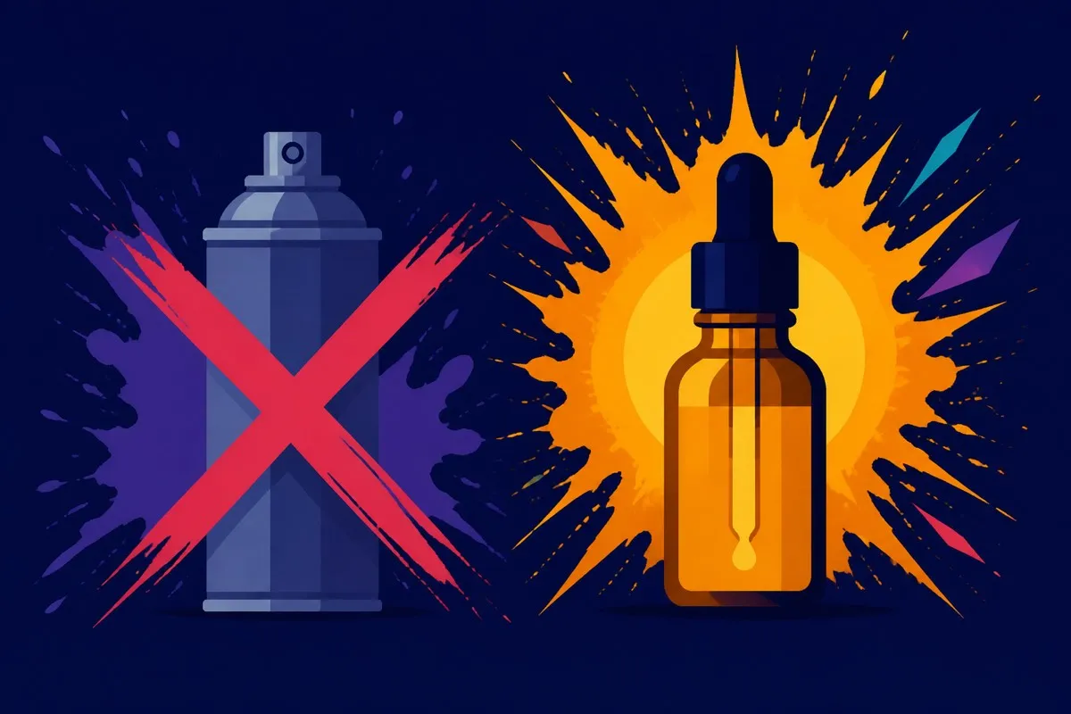 A spray can is softly crossed out beside a highlighted dropper bottle on indigo.