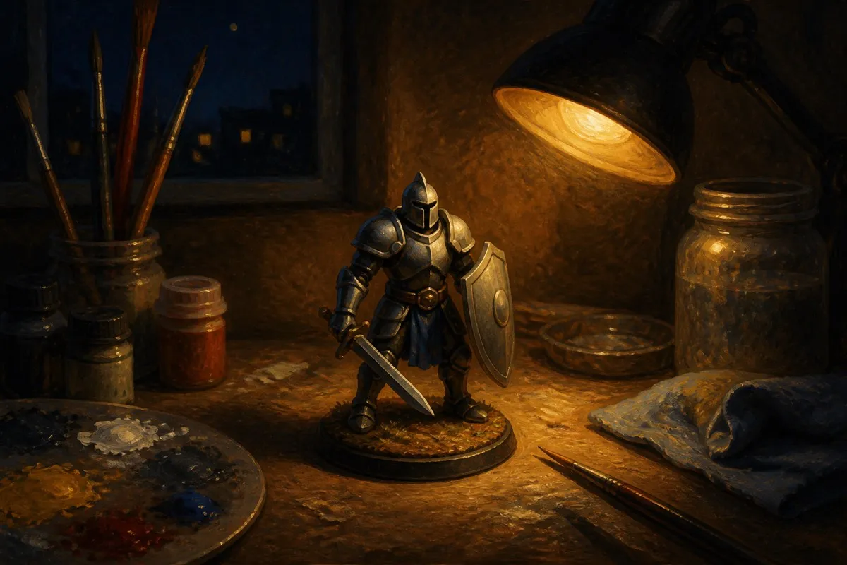 A figure with big smooth armor panels sits clearly lit under a workbench lamp.