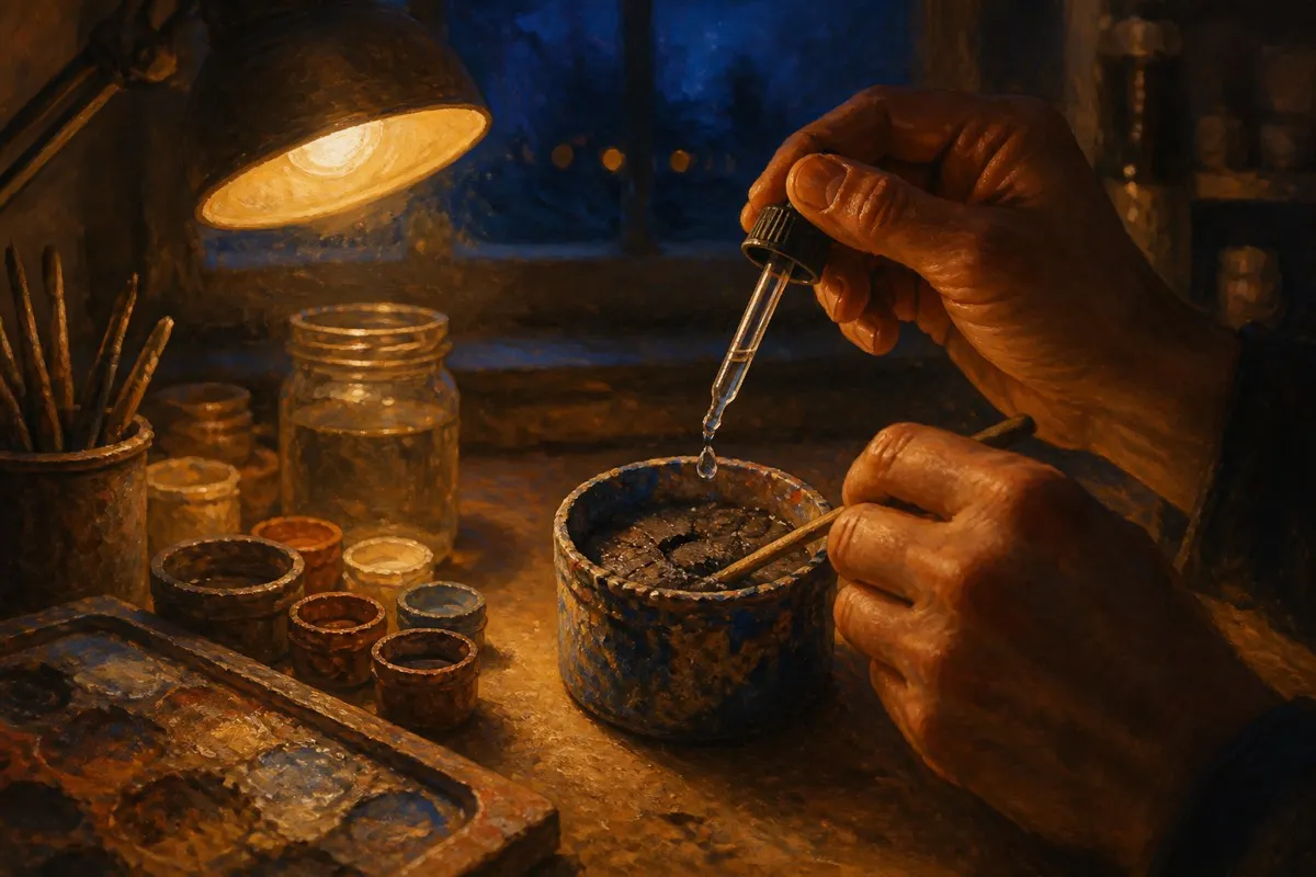 A dropper adds water to a pot of cracked dried paint being stirred on a lamp-lit desk.