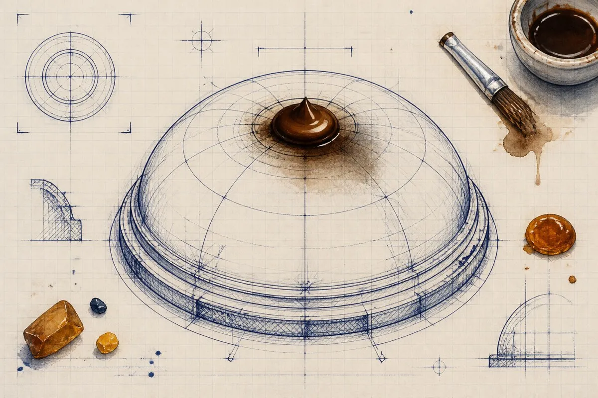 A darker wash settles into the recess of a brown-coated drawn dome.
