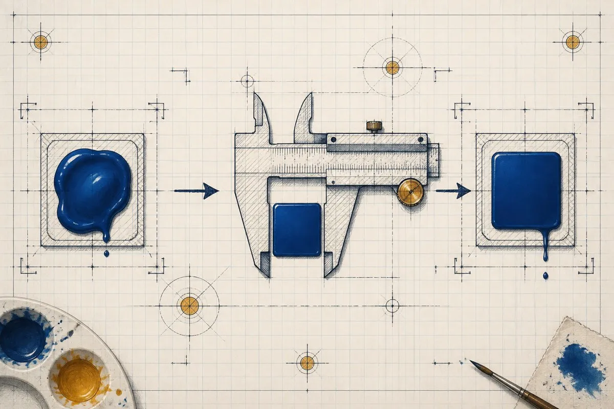 A color chip flows through a caliper to a matched chip along drawn arrows.