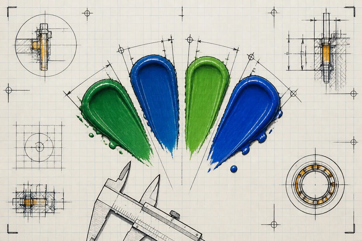 Four close green and blue blobs fan out with calipers measuring the gaps between them.