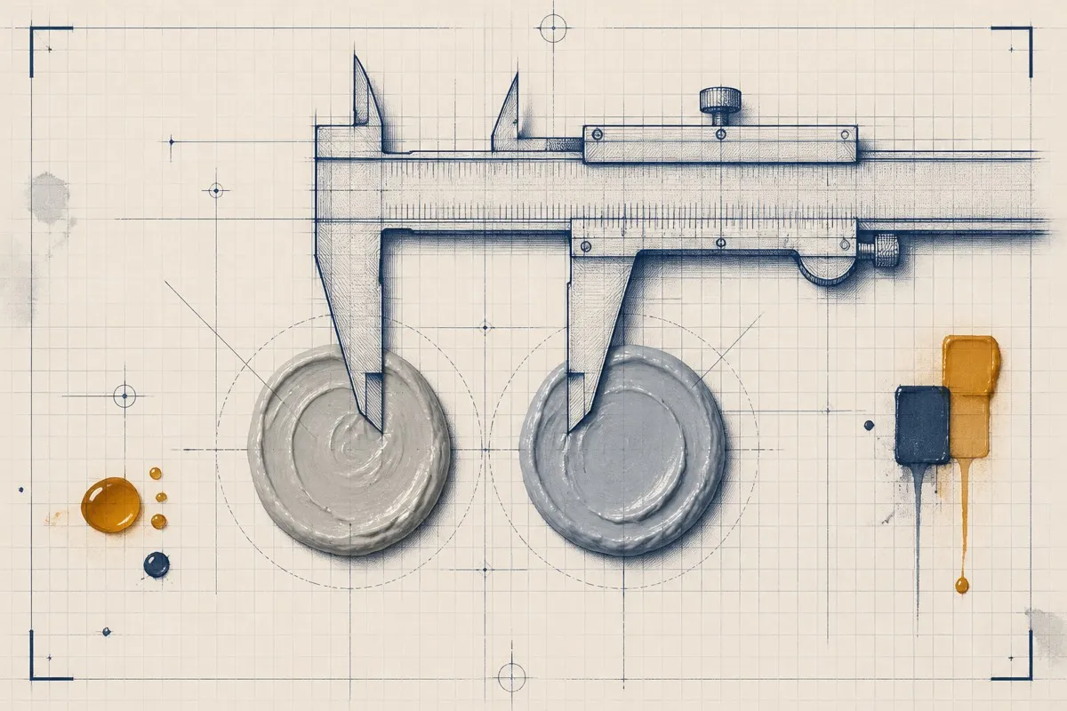 Two grey paint blobs, one warm and one cool, sit under a caliper measuring the subtle shift.