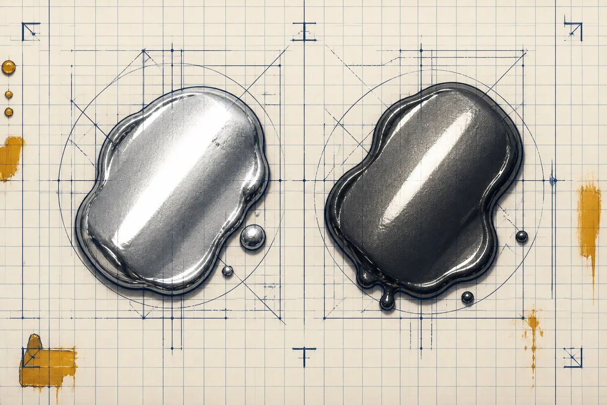 A bright silver and a dark gunmetal metallic blob each carry a hard highlight streak.