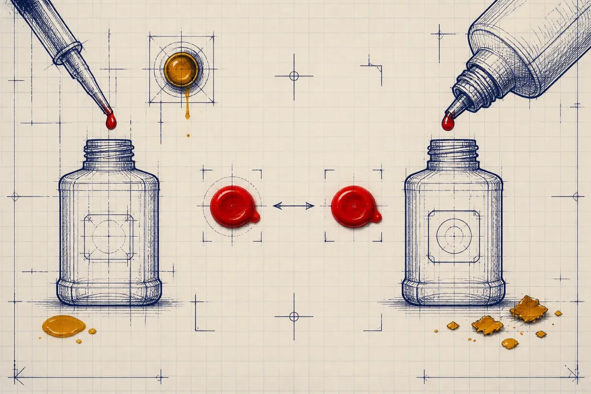 A warm red blob links by a double arrow to a near-identical red from a different bottle.