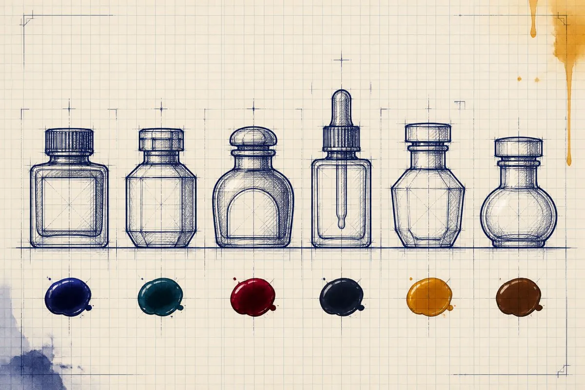 Six differently shaped bottle outlines line up with a paint blob beneath each.