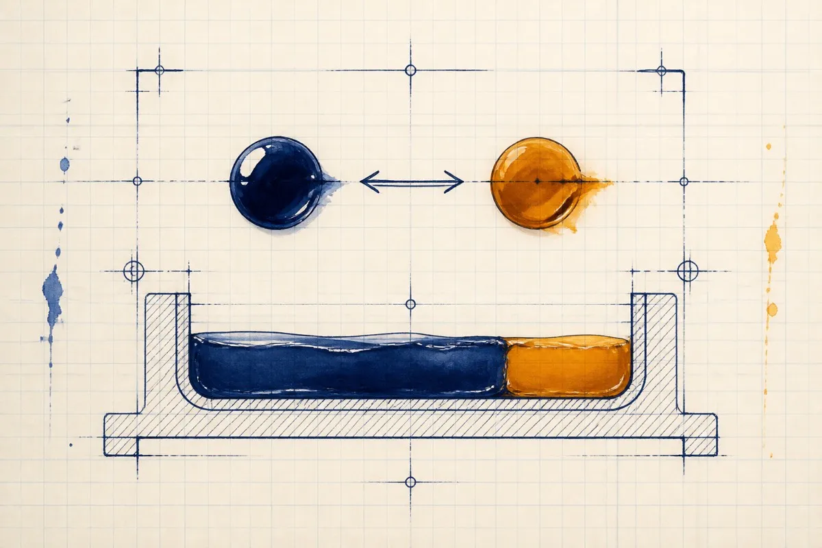 Two paint blobs join above a nearly full bracket gauge on graph paper.