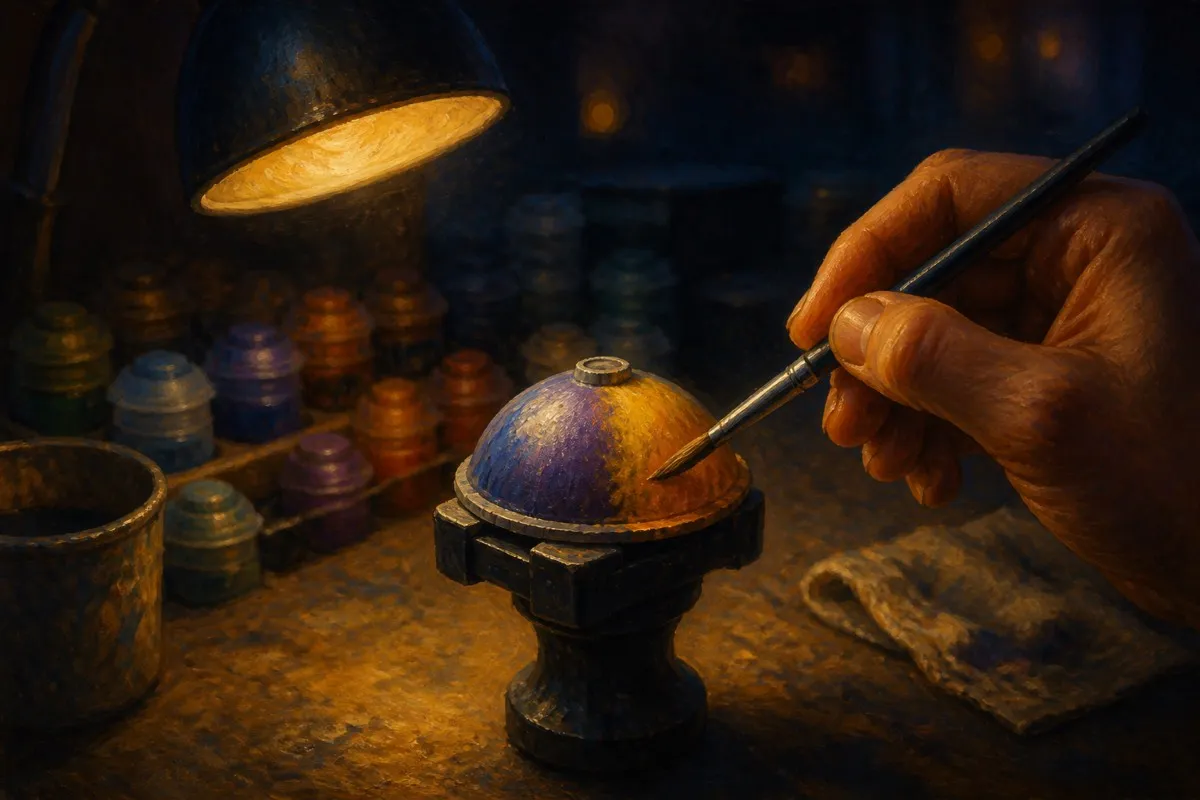 A single translucent coat colors and shades a small dome in one pass under lamp light.