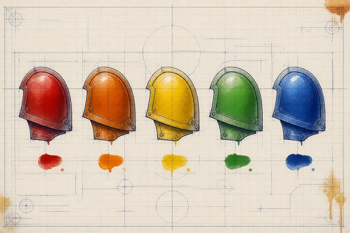 Five drawn shoulder-pad outlines each carry a different vivid translucent color.