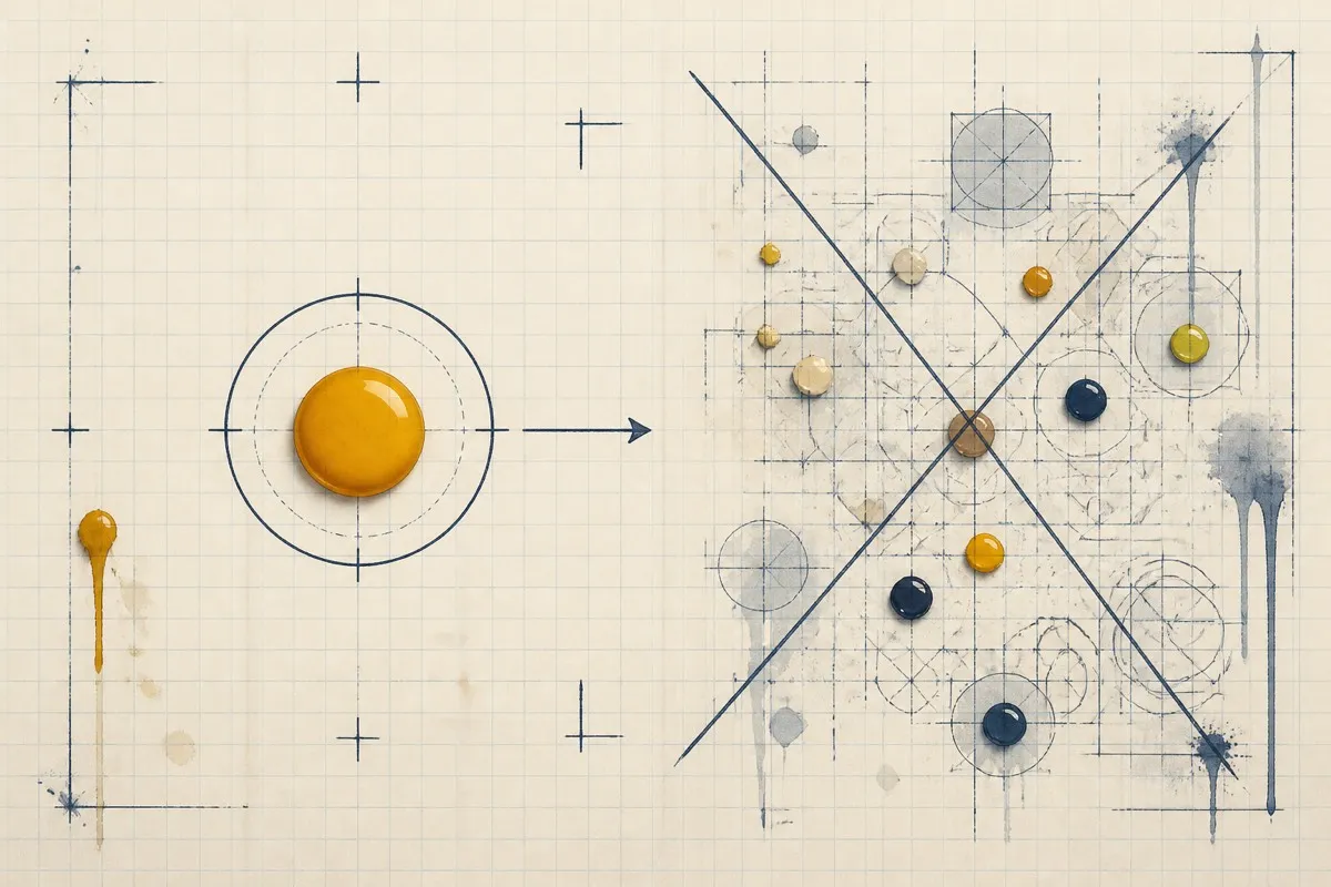 A single circled chip with one arrow sits beside a faded, softly crossed-out grid.