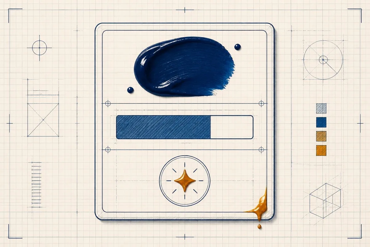 A drawn result card stacks a paint blob, a filled bracket and a sheen icon.