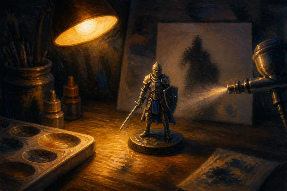 A figure catches a wet shiny sheen across its armor under lamp light with a spray shape behind.