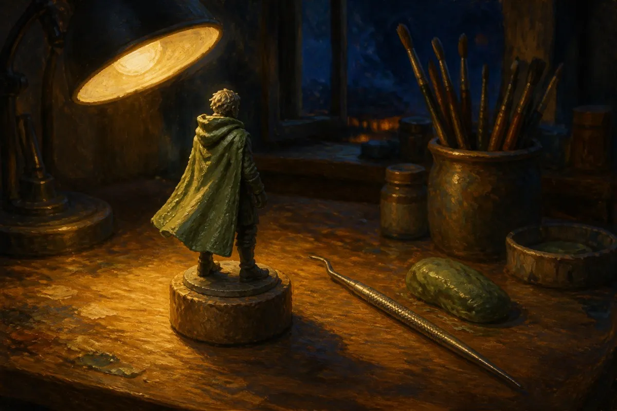 A putty cloak sits sculpted on a figure beside a steel shaping tool on a lamp-lit desk.
