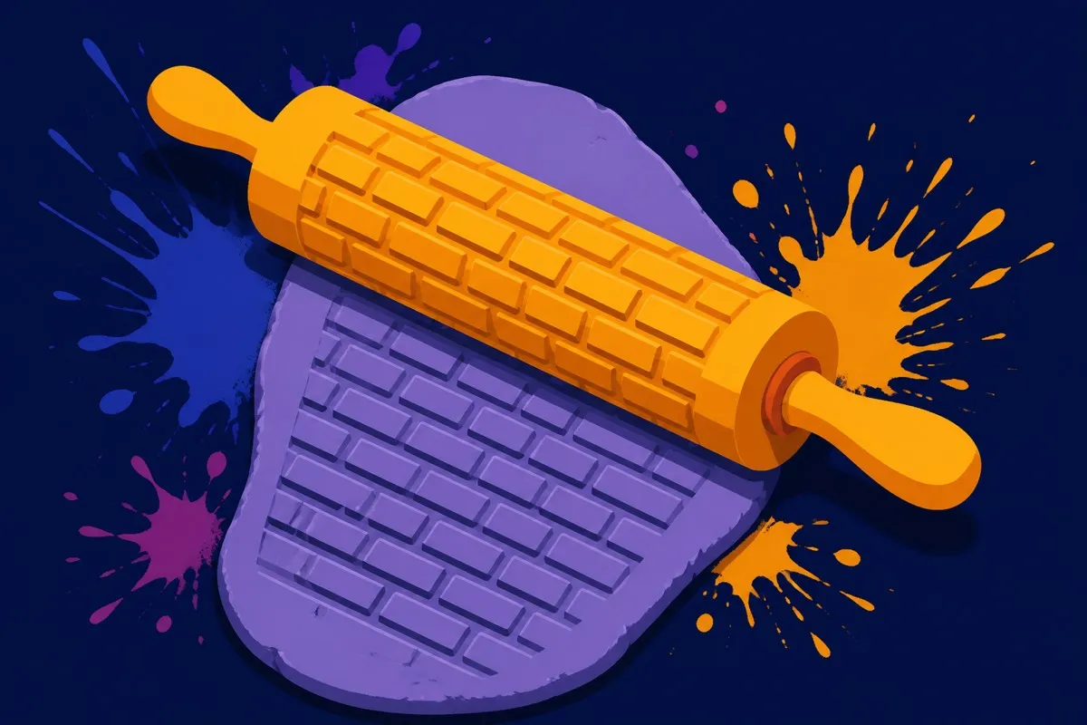 A flat rolling pin presses a repeating brick pattern into a putty strip.