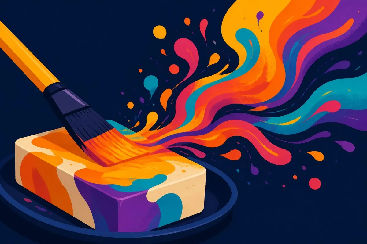 A flat brush drags across a soap cake as released color swirls away.