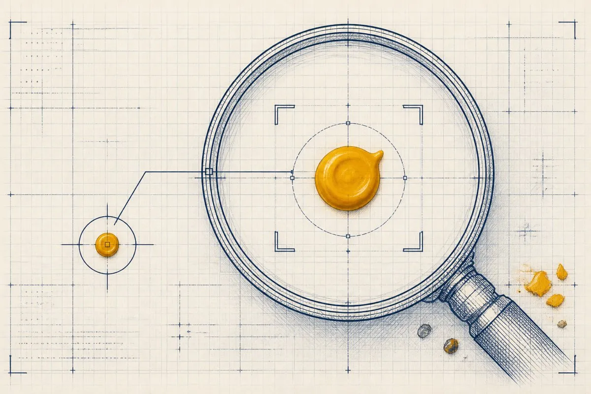 A single paint blob sits isolated under a drawn magnifier away from a faded grid.