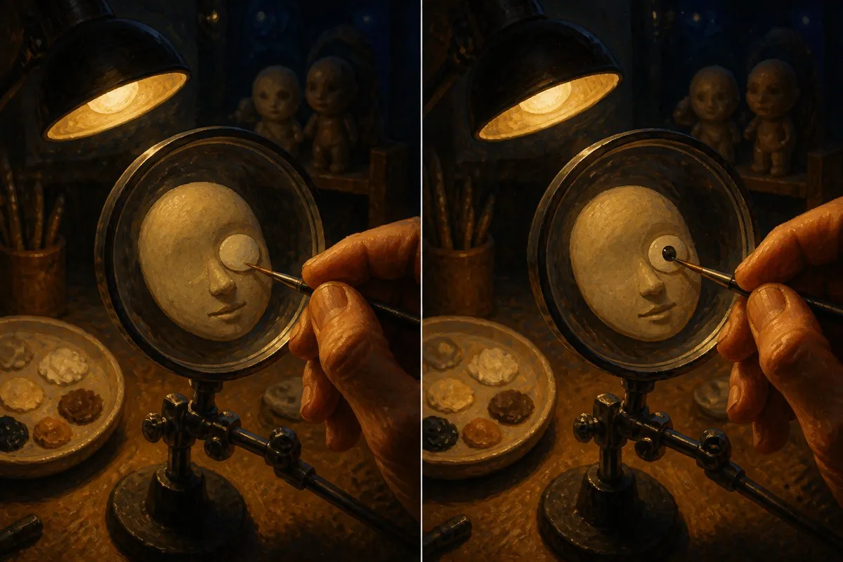 A pale oval and a tiny dark dot form an eye on a magnified sculpted face under lamp light.