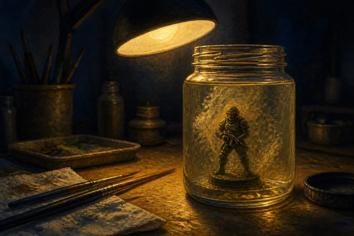 A figure sits in a jar of clear fluid clouded by loosened color under lamp light.