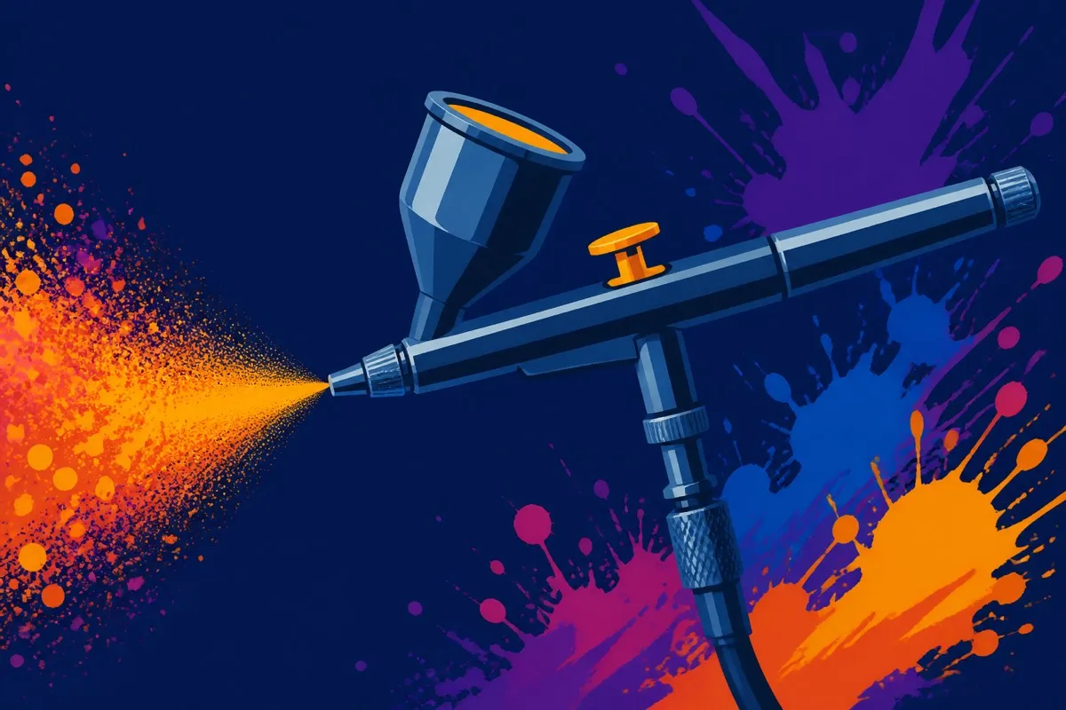 A large flat airbrush shows a fine spray fan with an amber trigger detail.