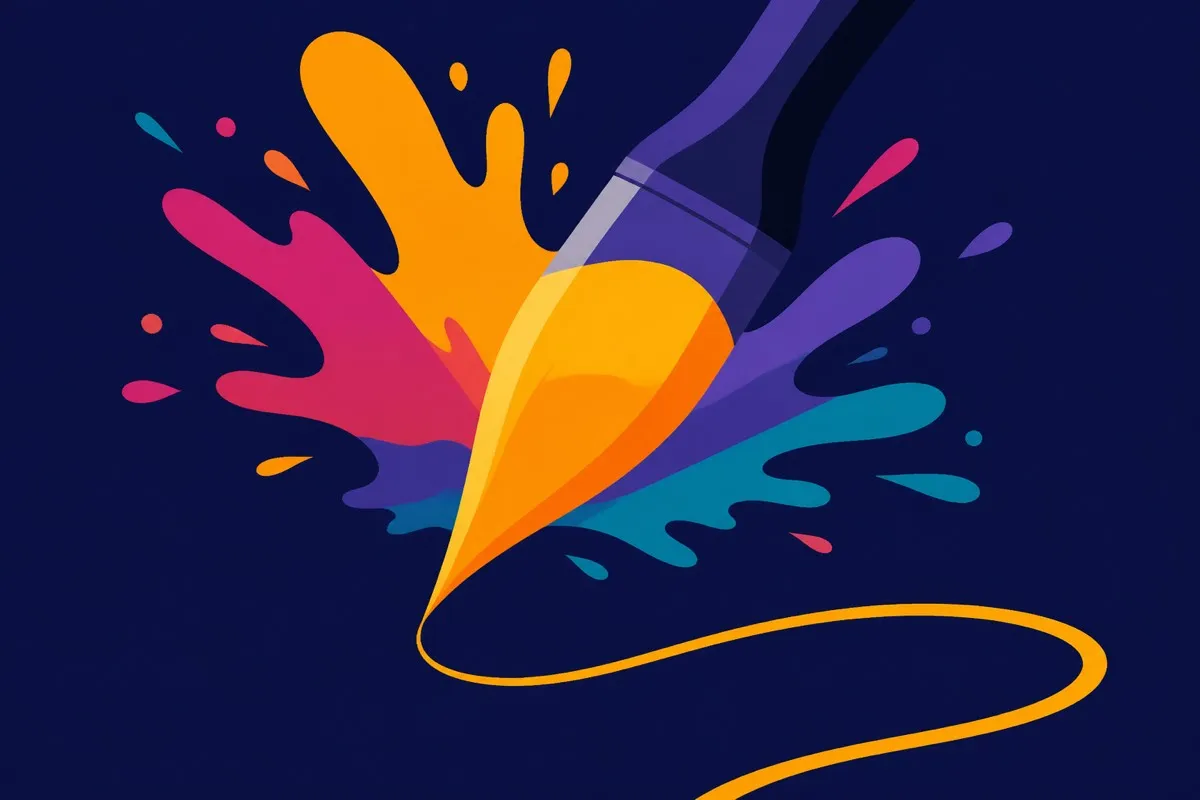 A flat brush holds a full paint reservoir flowing to a fine tip with a smooth trailing line.
