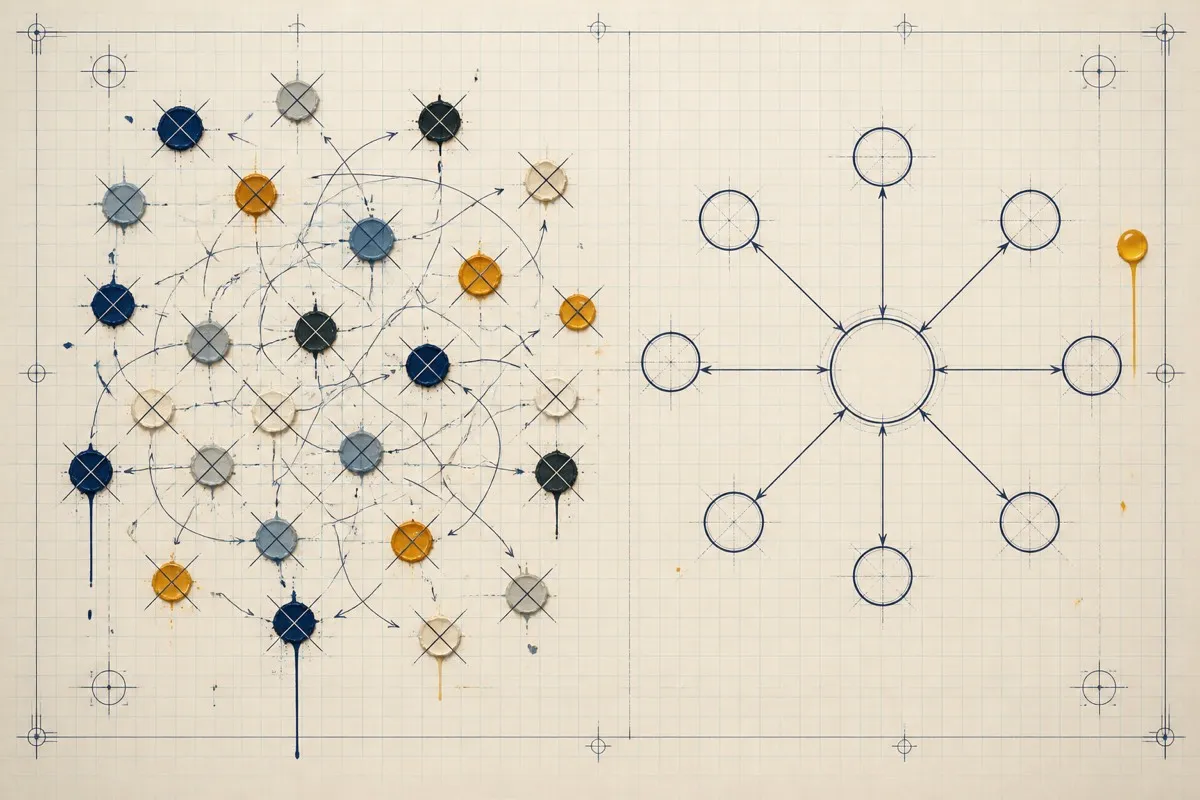 A tangled web of paint-blob arrows is crossed out beside a clean hub diagram.