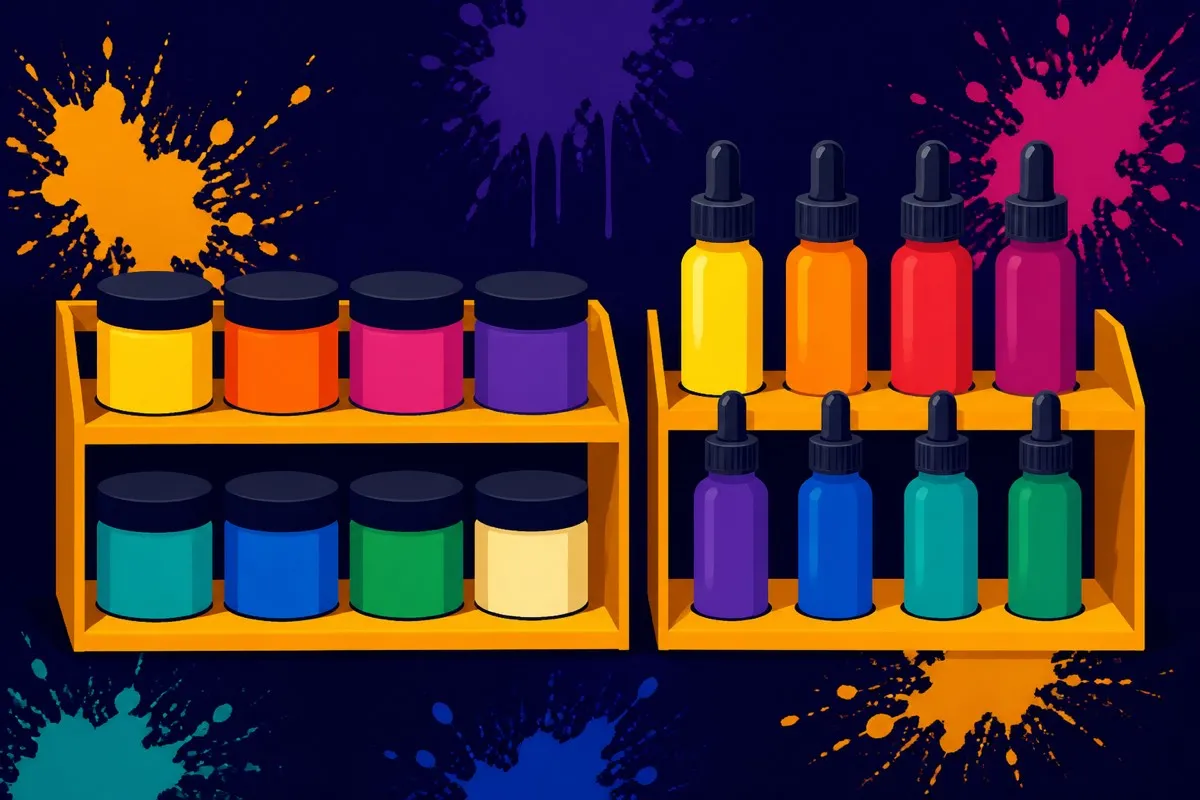 Two flat racks hold round pots and tall dropper bottles snugly side by side.
