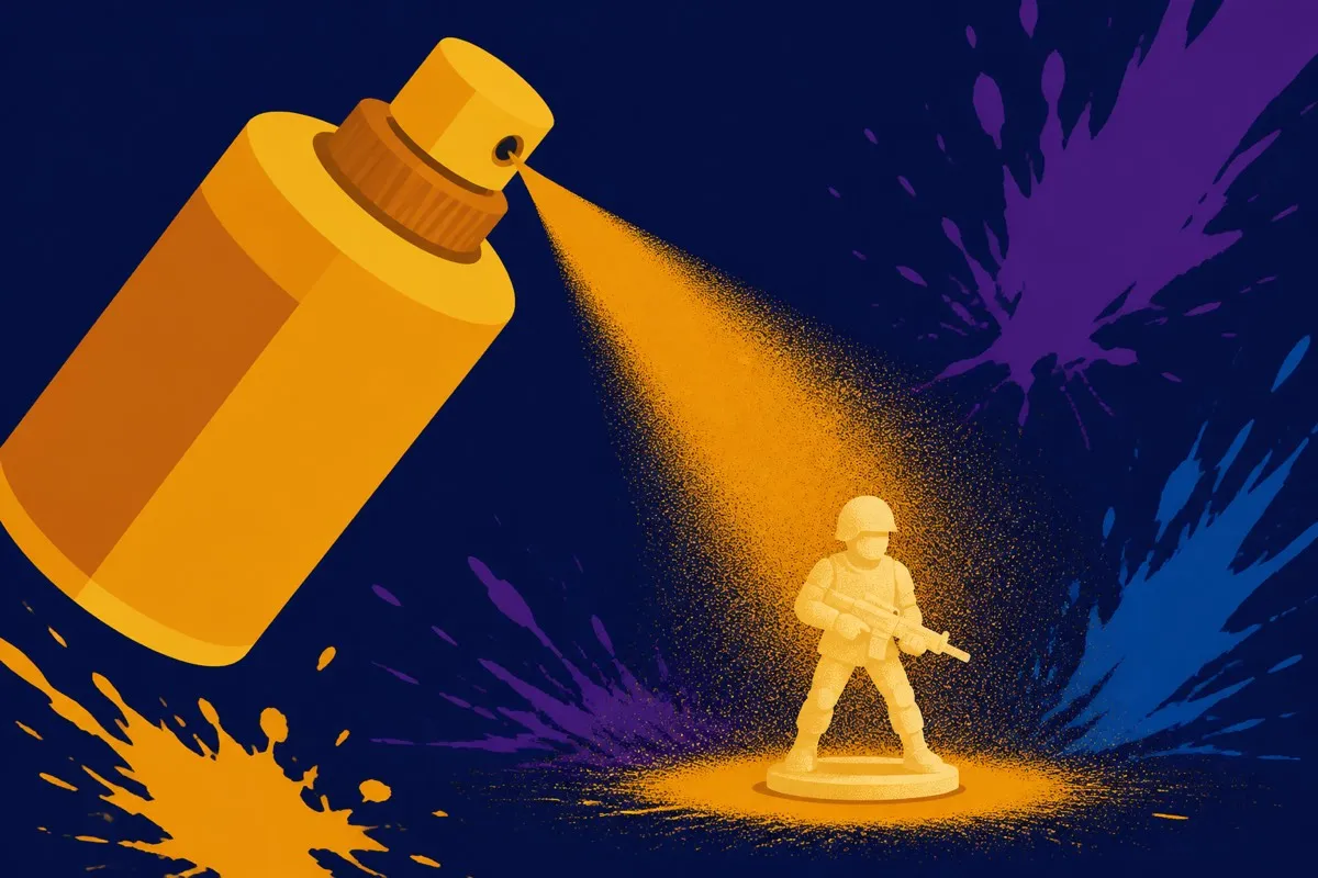 A flat primer bottle sprays an even coat over a small figure on indigo.