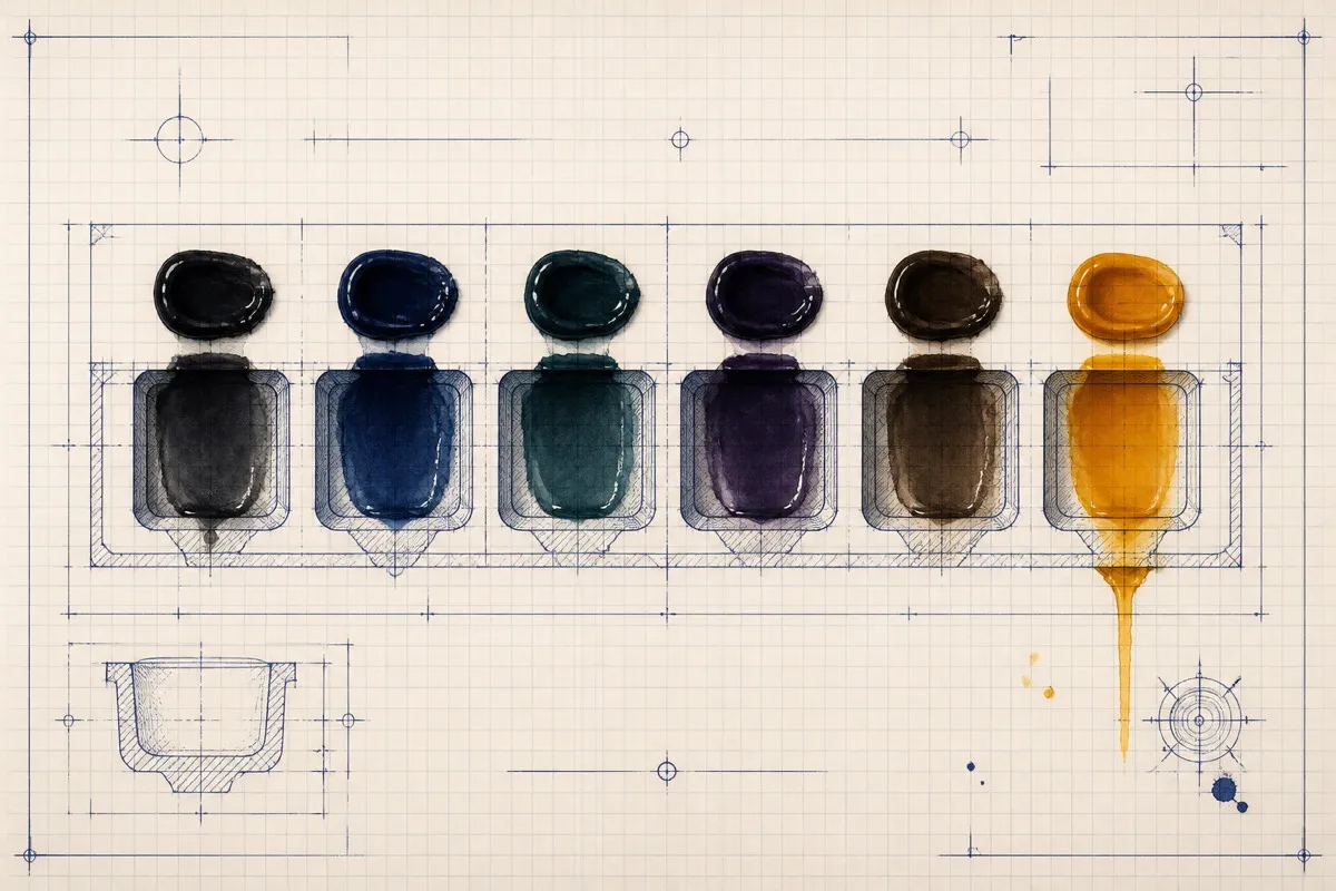 A row of dark wash blobs each pools into its own drawn recess on graph paper.