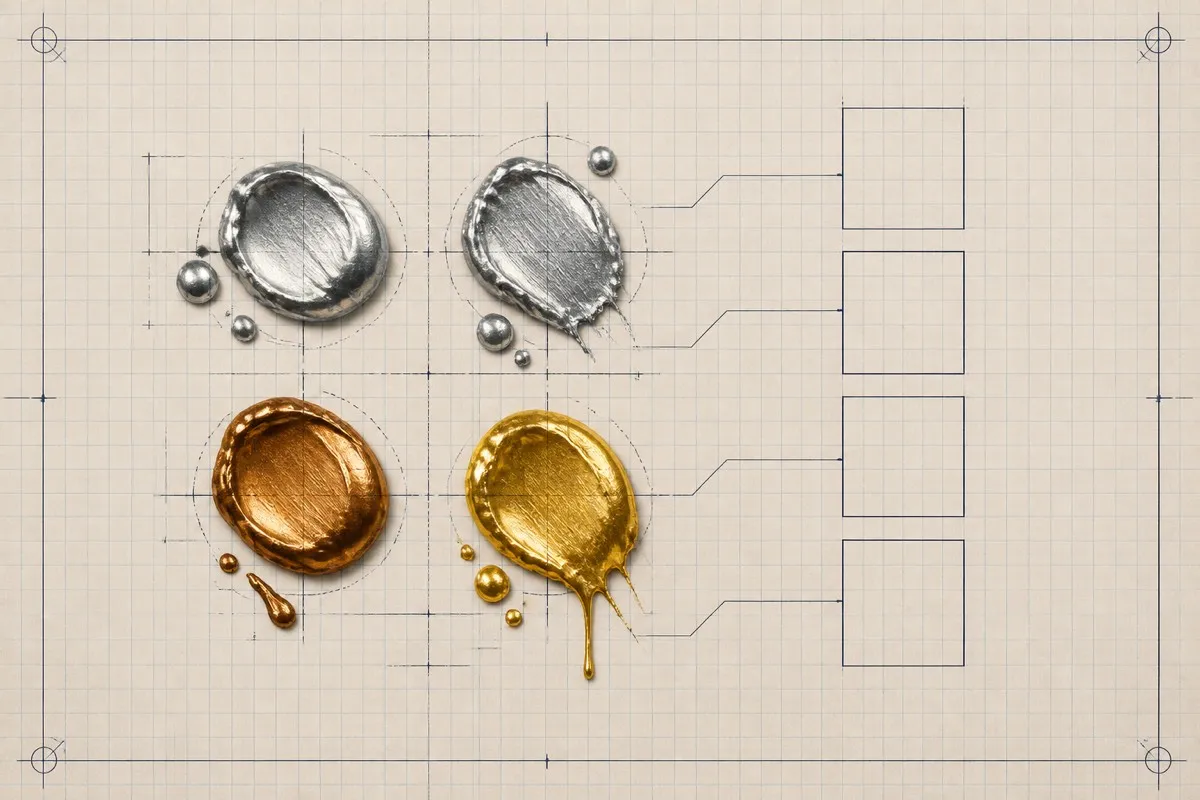 A cluster of silver, bronze and gold metallic blobs sit beside empty swatch boxes.