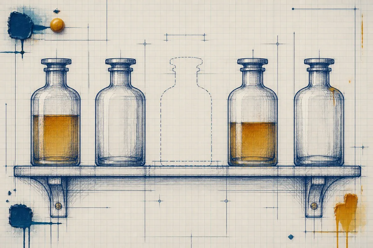 A drawn shelf has one empty dashed outline where a bottle is missing.
