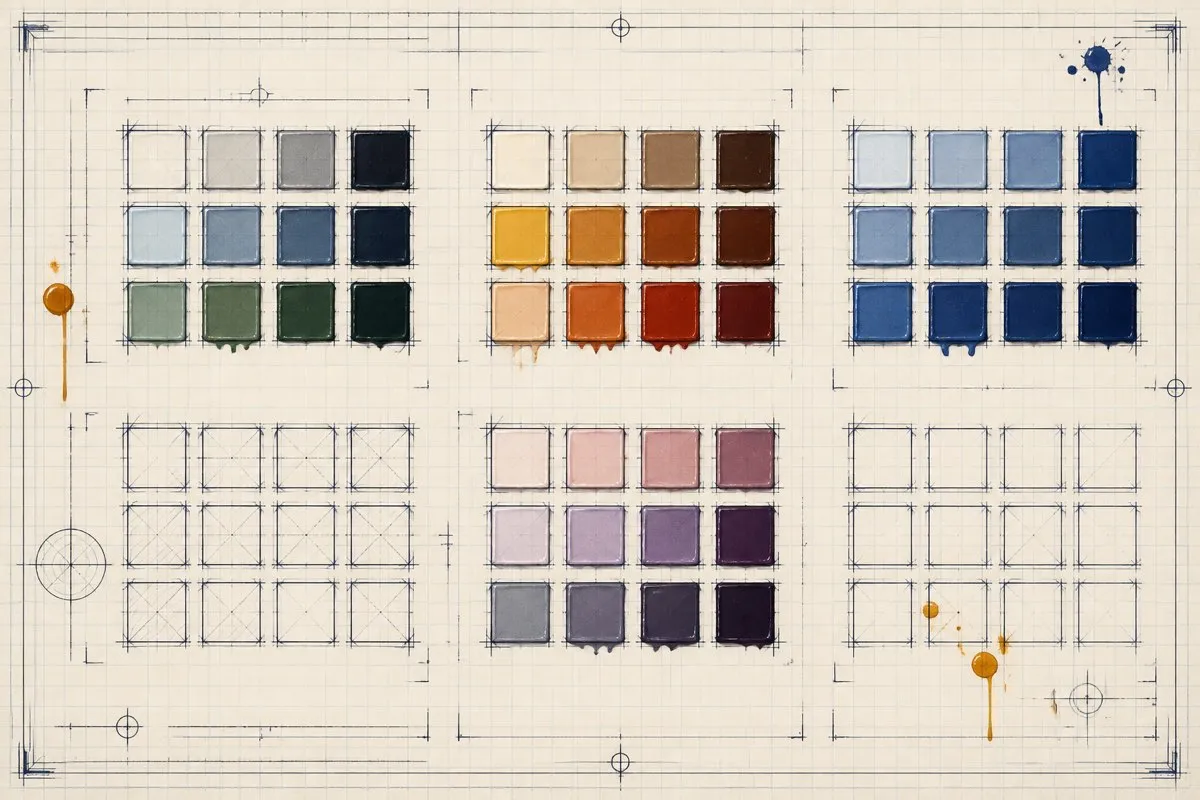 A drawn grid groups color chips into clusters with a few filled in glossy paint.