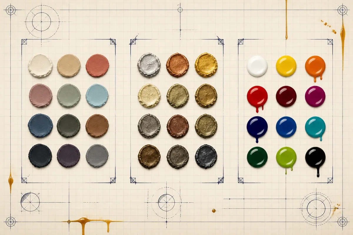 Paint blobs sort into three bracketed groups by matte, metallic and gloss sheen.