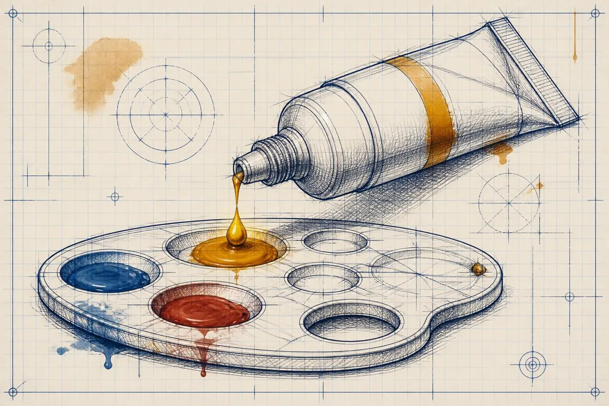 A drawn squeeze bottle releases a single controlled drop onto a palette.