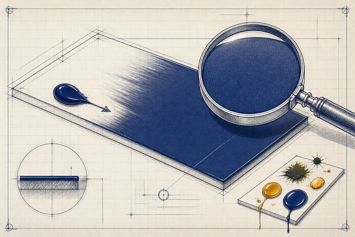 A paint blob spreads into a smooth even film shown velvety under a magnifier.