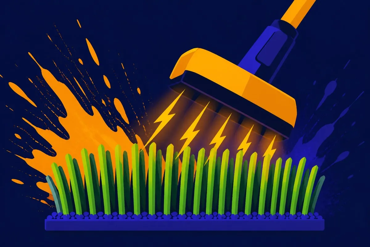A flat applicator shows charge lines standing grass fibers vertical on a base.
