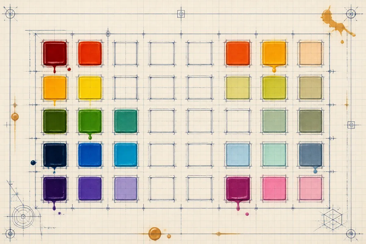 A drawn grid groups vivid color chips by hue family with a few filled glossy.