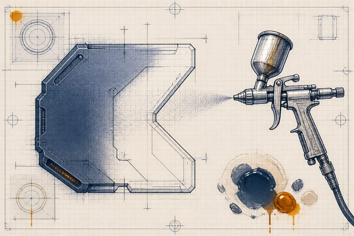 A drawn airbrush mists an even coat across a large angular mech panel.