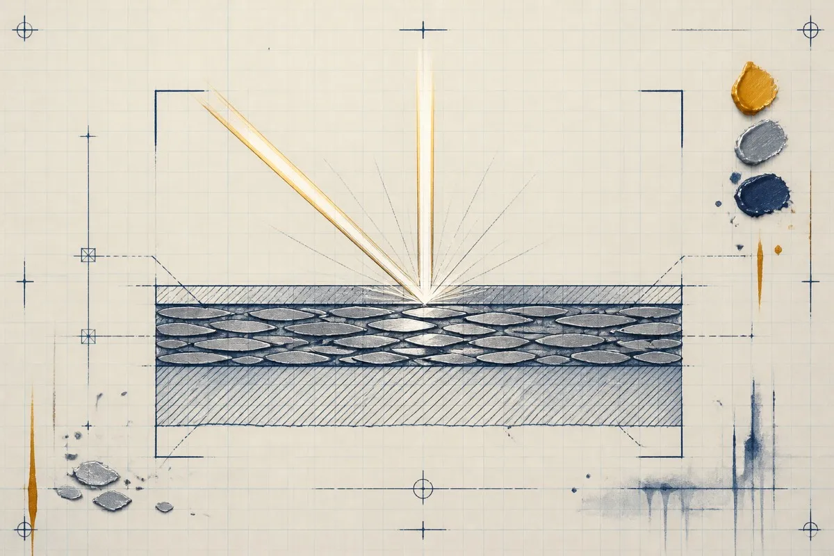 Flat flakes lie parallel in a drawn metallic film bouncing a bright reflection.